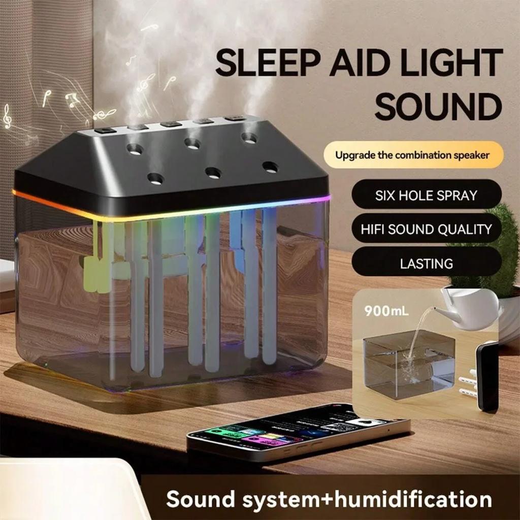 New Bluetooth Speaker & Desktop Mist Humidifier Combo ,900ML 6-Nozzle Musical Humidifier With Colorful Light for Home Office Use
