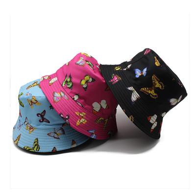 Colorful Butterfly Pattern Bucket Hat Women'S Summer Pure Cotton Double-Sided Basin Hat Outdoor Versatile Sun Hat