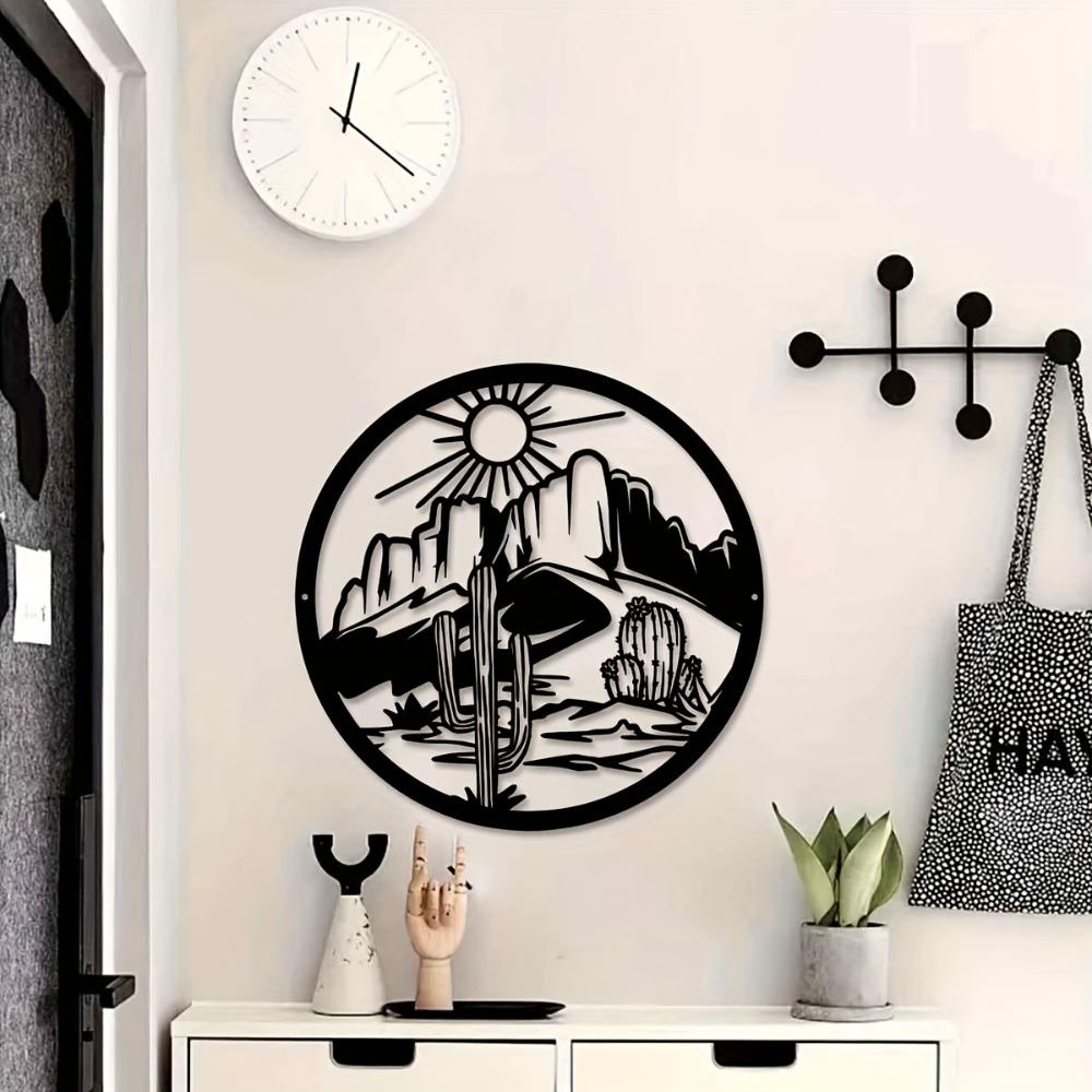 1pc Iron Cactus Sun Mountain Wall Art Desert Landscape Sculpture 11.81 Inch Indoor Outdoor Decor for Living Room Patio Balcony Office Farmhouse