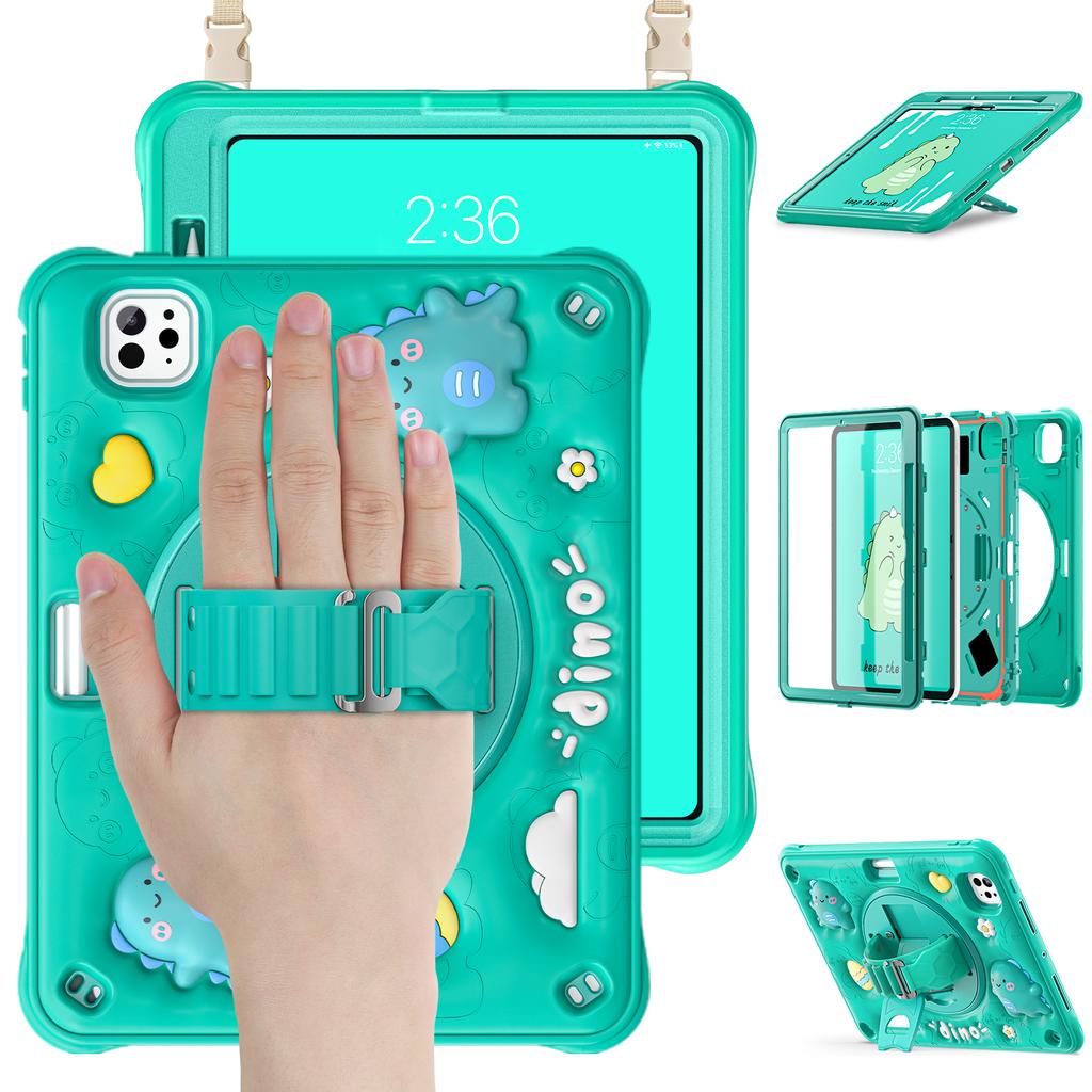 For iPad Pro 11 (2024) Case with Shoulder Strap Cartoon Dinosaur Kickstand PC+Silicone+TPU Cover