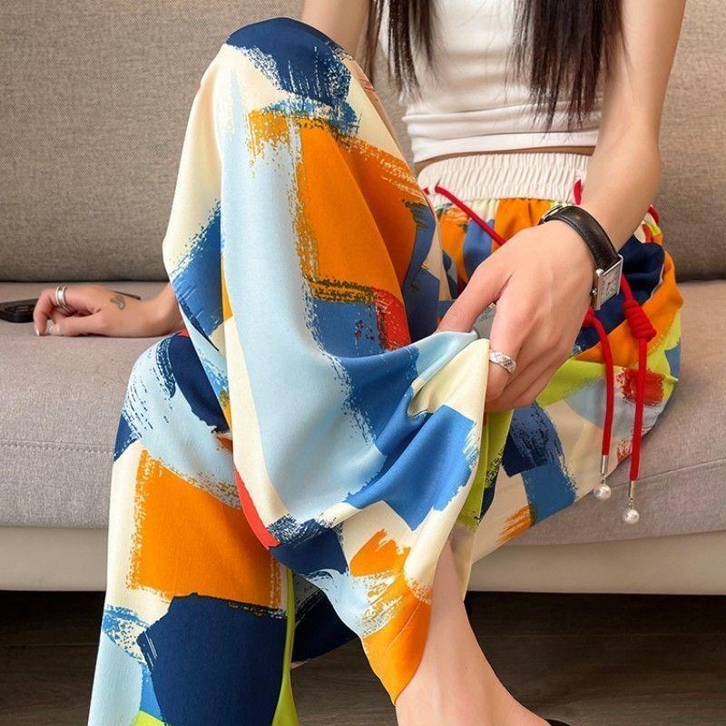 Wide-leg Pants for Women In Spring and Summer Thin New Chinese Style Chinese Style Ink Printing Ice Silk Casual Pants