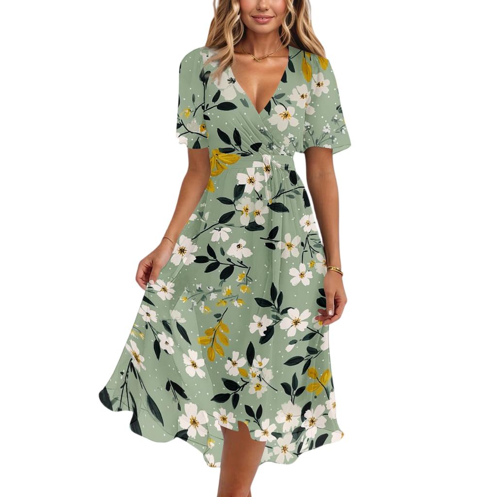 Women's Casual V Neck Short Sleeve Floral Print Dress Midi Length Lightweight Summer Dress with Elastic Waist and Flared Skirt