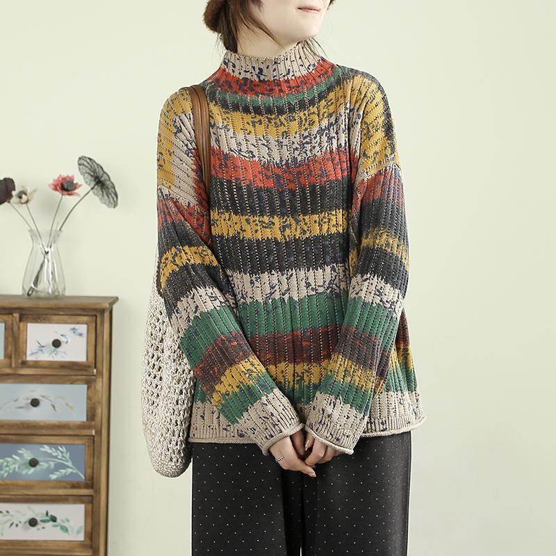 Retro Striped High Neck Knit Sweater - Autumn/Winter Collection