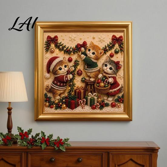 Relaxing Handmade Faux Pearl Sets Christmas Cat Art Kit with Frame Kitty Painting DIY Decorative Supplies Kit 3D Bead Wall Craft for Adults