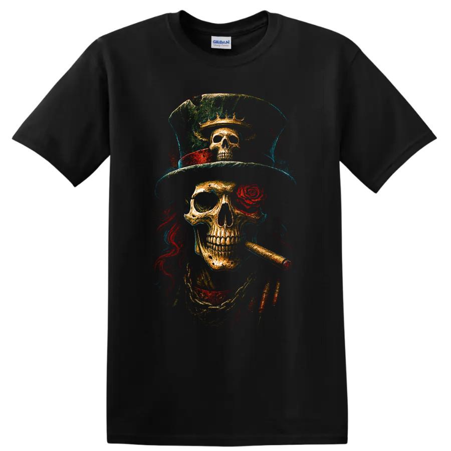 Skull T Shirt Gothic Top Hat Rose Cigar Vintage Grunge Halloween Skeleton Tee