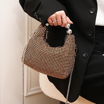 Elegancka Damska Kopertówka z Kryształkami i Odpinanym Paskiem na Łańcuszku Stylowa Cylindryczna Rączka Torebka Wieczorowa na Imprezy Kolacje i Wydarzenia