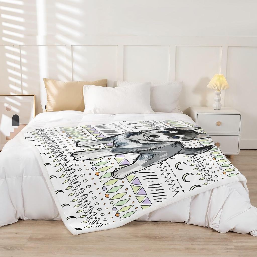 Husky Dog Pattern Blanket Soft Fleece Throw Pet Lover Gift Home Decor Cozy Bedding for Dog Owners Living Room Decoration