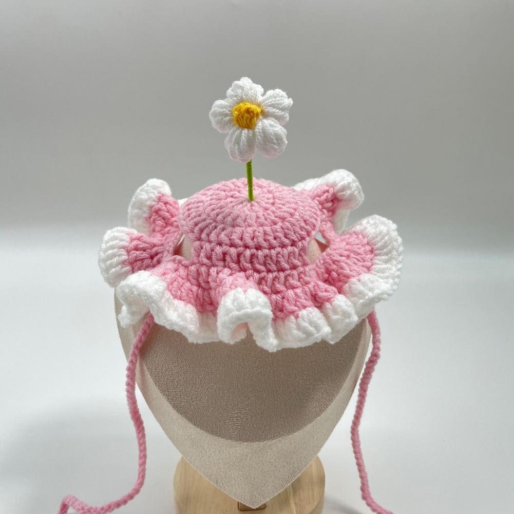 Crochet Cat Hat Adjustable Pet Hat Handmade Crochet Flower Cat Hat Scalloped Pet with Flower Ear Holes Cute Party for Small