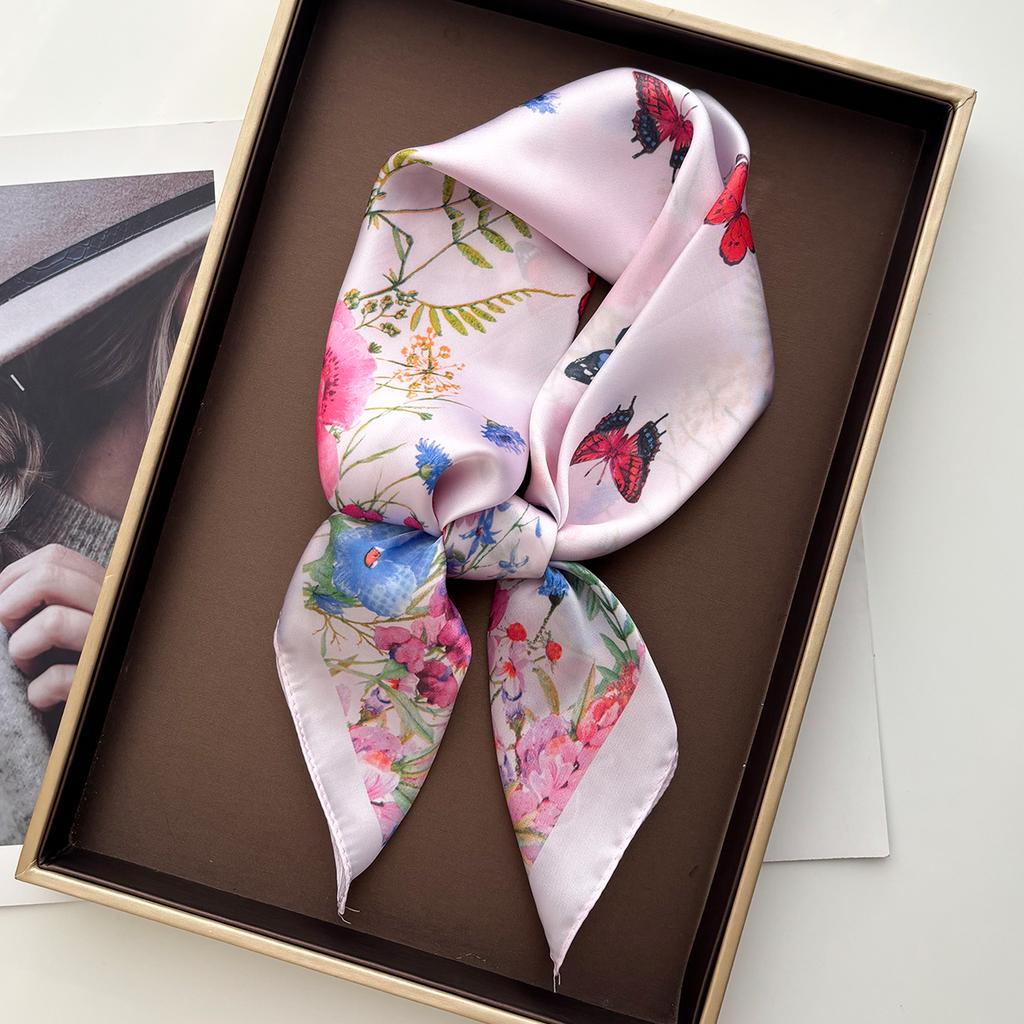 Luxury Square Scarf For Women Elegant Ladies Hijab Neckerchief Shawl For Travel Soft Stain Floral Print Imitation Silk Scarves