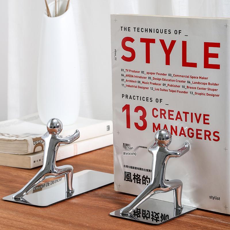 Modern Silver Metal Bookend: Creative Desktop Book Organizer & Stand