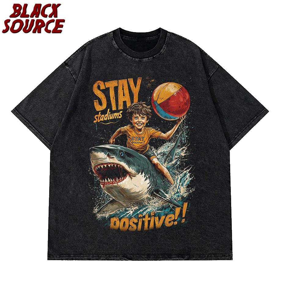 

Fashion Stay Positive Cartoon Print Women Wash Tshirt Breathable Comfortable Short Sleeve Fashion Cool TShirt Distress ONeck S