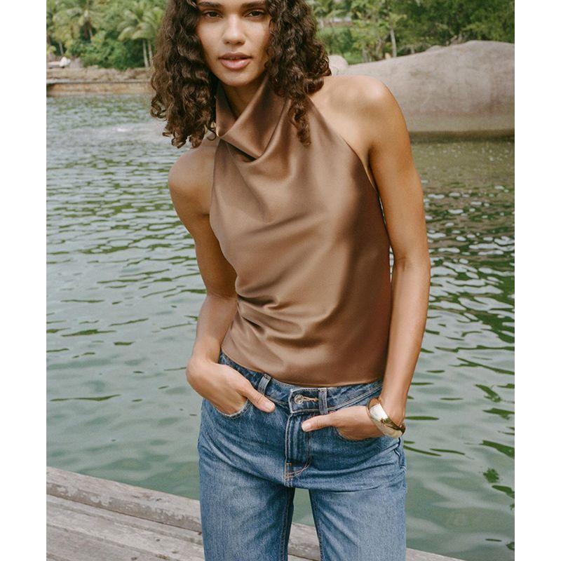 Summer New Product Women's Clothes French Short Silk Satin Texture Open Back Hanging Collar Tops 3203317 2069399