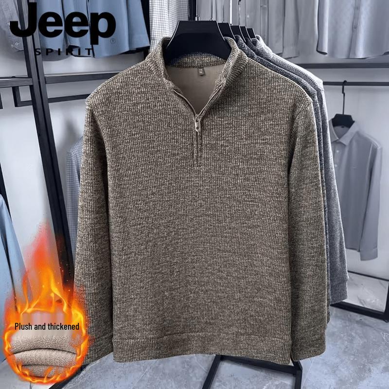 JEEP SPIRIT Men's Half-Zip Thickened Fleece-Lined Sweater