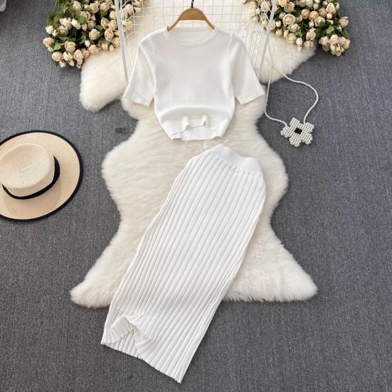 Women's Summer Skirt Set Short Sleeve Crew Neck Crop Top And High Waist Maxi Skirt Set Knitted Two Piece Outfit