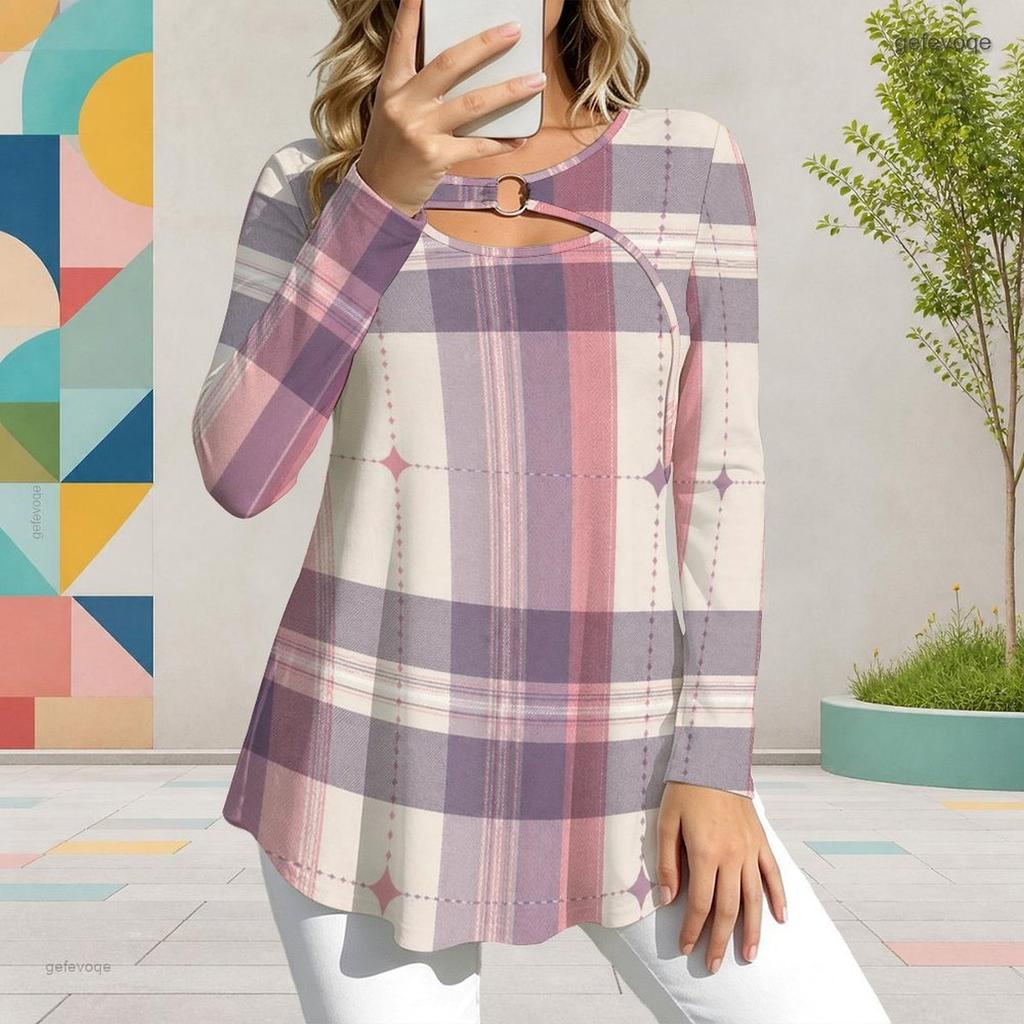 Women Plus Size Keyhole Ring Neck Long Sleeve Printed T Shirt Pink Grey White