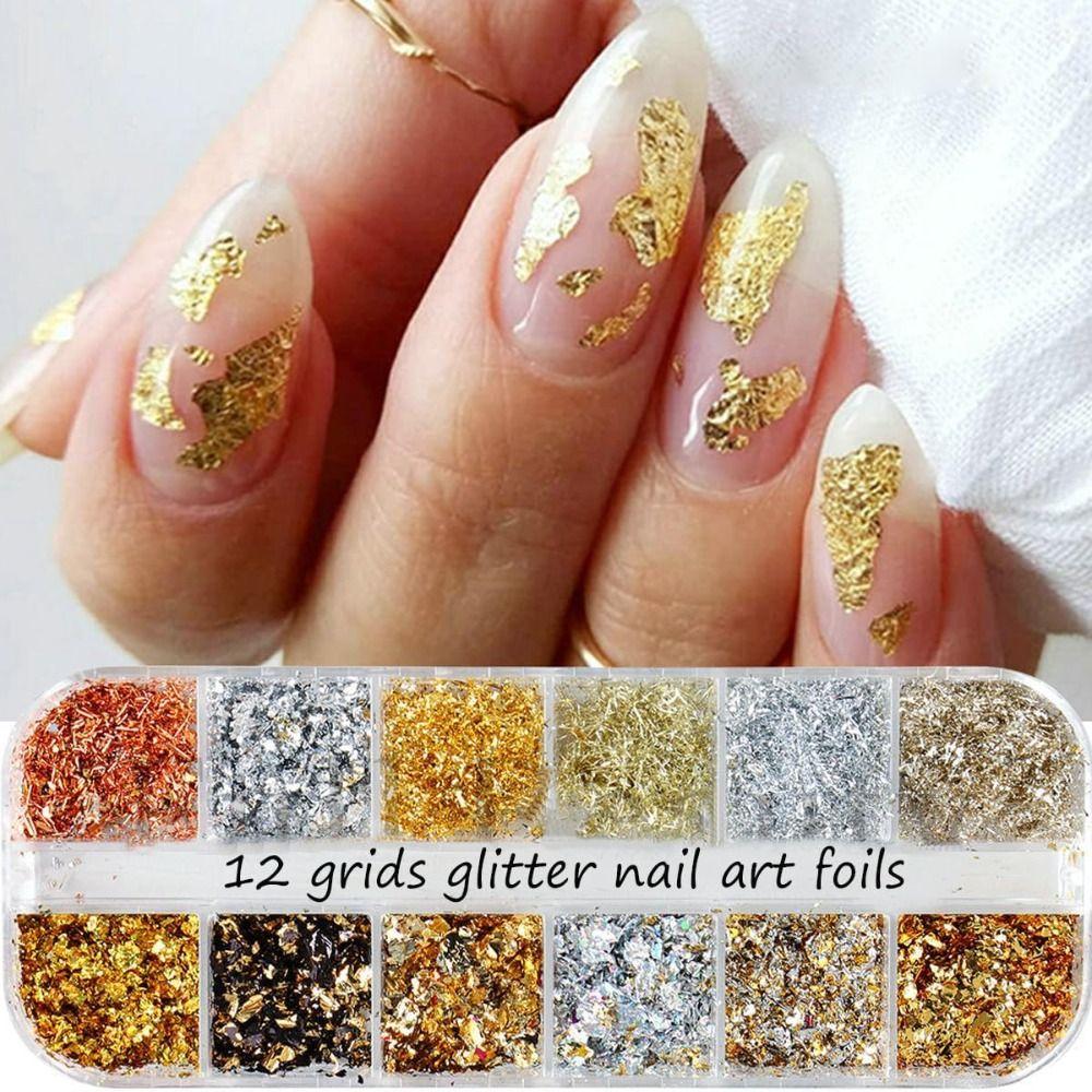 Holographic Nail Glitters Sequins 12 Grids Nail Art Flakes Nail Glitter Gold Foils  DIY Manicure