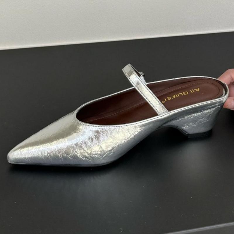 Fashion High Quality Pointed Toe Patent Leather Women Sandal Fashion Narrow Band Buckle Slide Sandals Elegant Comfort Heeled Shoes Woman