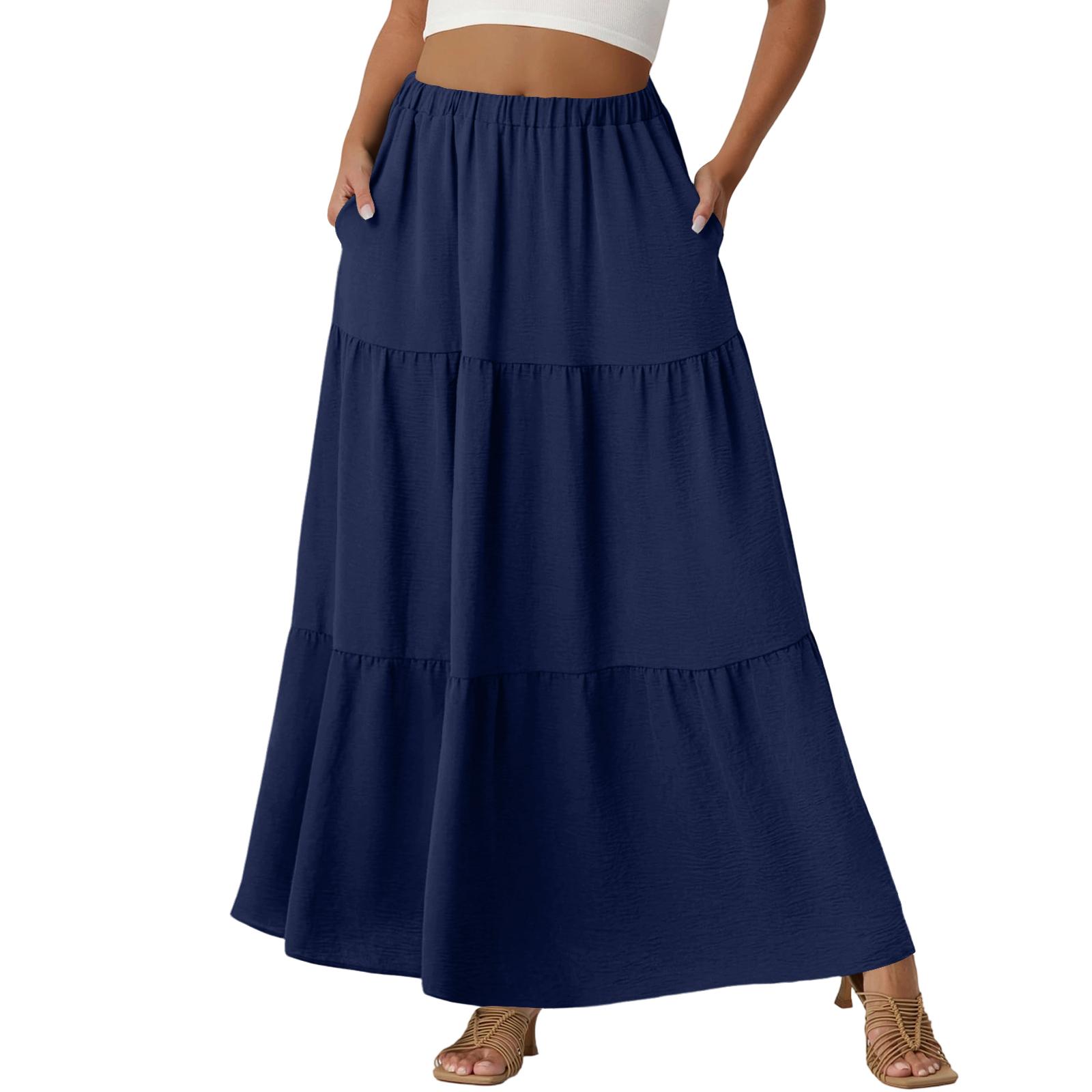 

Women s Casual High Waist Drawstring A-line Skirt Color Skirt With Pockets L