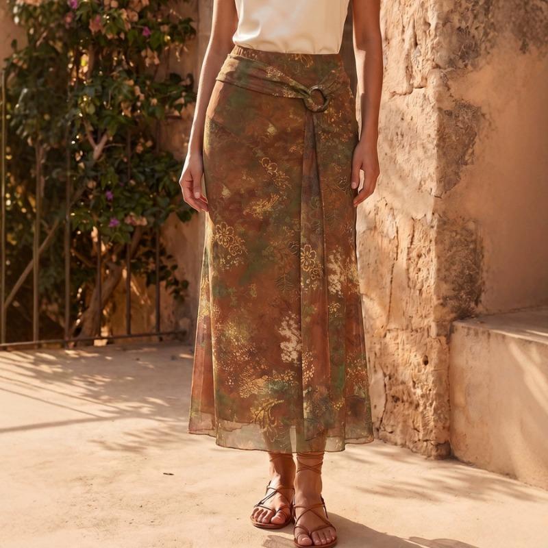 Women Floral Printed Lace Up Casual Vacation Mid Length A Line Skirt S