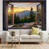 2D Printed Open Window Backdrop Mountain Sunset with Pine Trees Background Cloth