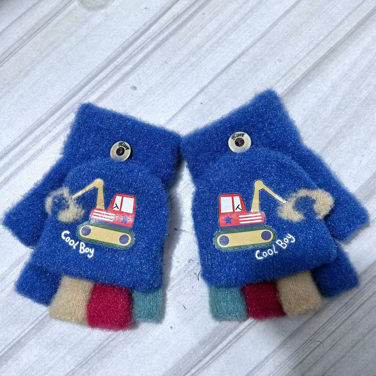 

Детские перчатки для мальчиков-экскаваторов, осенние и зимние, с рисунком из мультфильмов, милые, с полупальцами, вязаные, шерстяные, теплые, непромокаемые One size