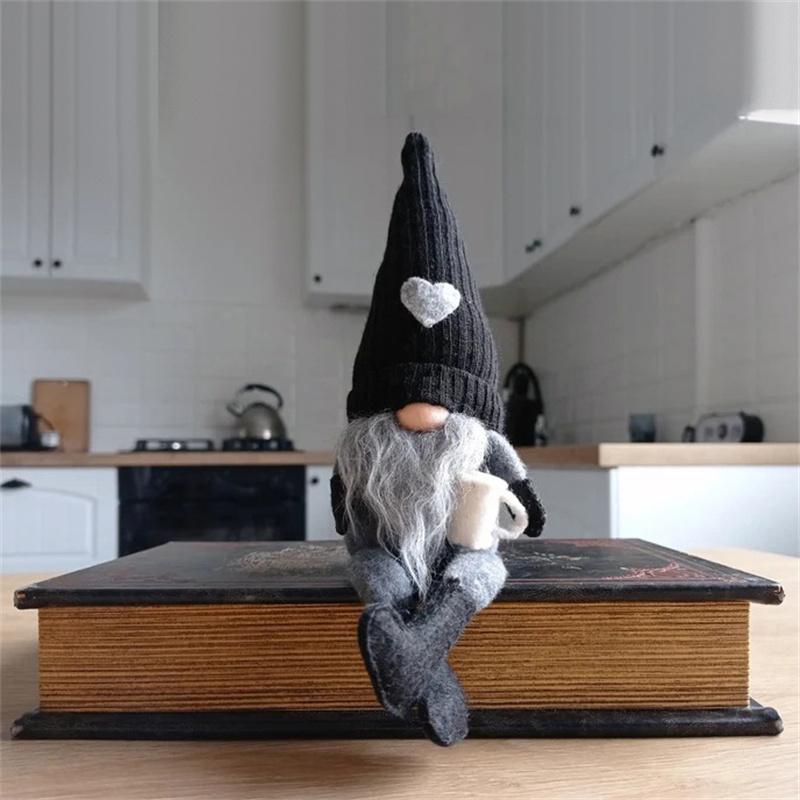 Christmas Decoration Knitted Faceless Plush Gnome Doll Hanging Leg Holding Coffee Doll Table Holiday Decor Home Daily Decoration