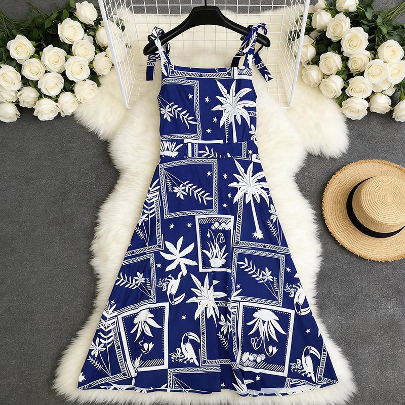 New European and American women's clothing fashion popular printing suspender long dress vacation
