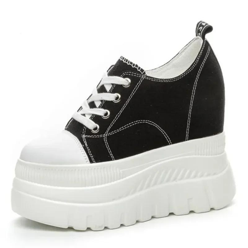 Fashion High Quality 12CM Denim Women Breathable Platform Hidden Heels Shoes Genuine Leather Chimney New Fashion Spring Chunky Sneaker