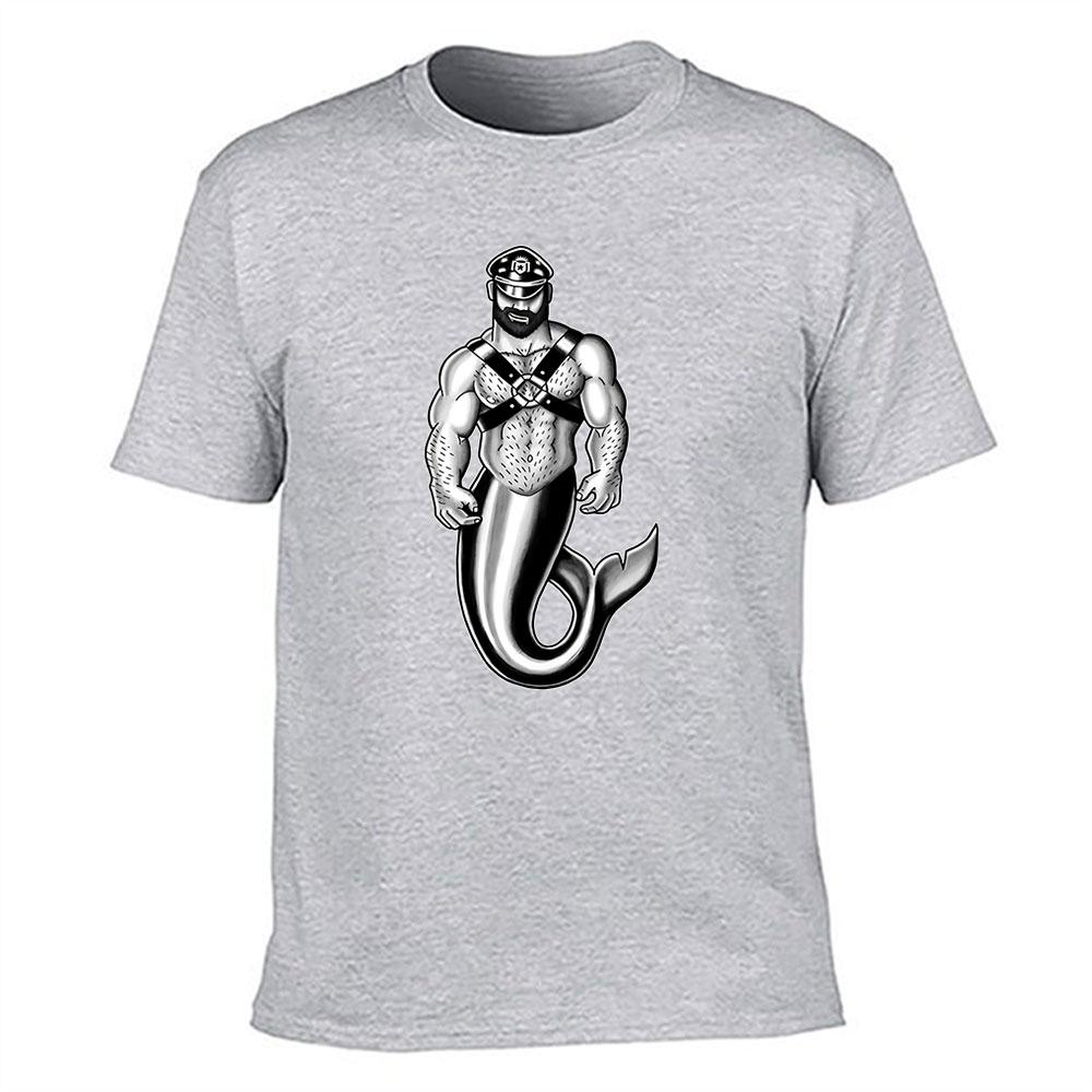 Unisexs Cotton Tshirt Muscular Bearded Merunisex With Captain Hat Harness Graphic Print Casual Crew Neck Tee