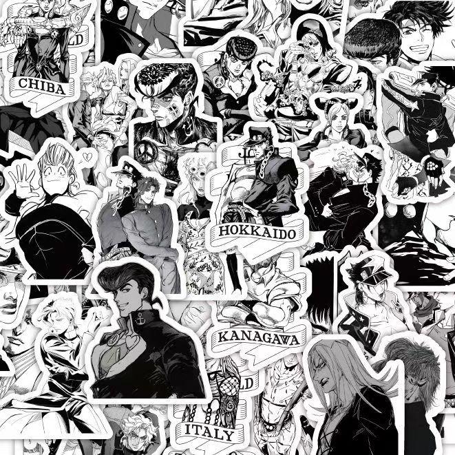 JoJo's Bizarre Adventure Black and White Stickers, 60 Pieces (not Repeated), Waterproof and Sunscreen.