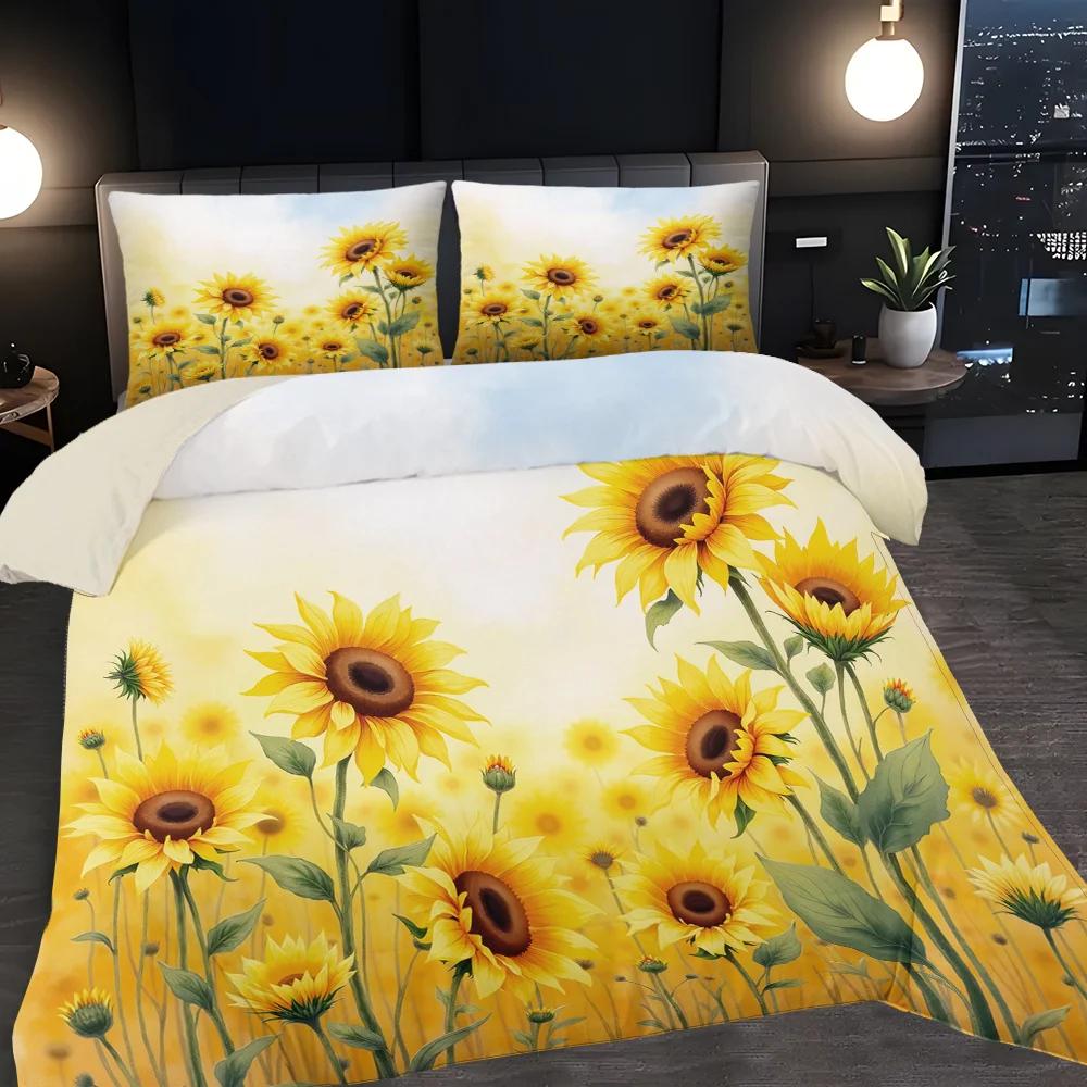 3-teiliges Steppdecken-Set mit Sonnenblumenfeld-Illustration - Enthält 1 Bettdeckenbezug und 2 Kissenbezüge (ohne Füllstoffe)