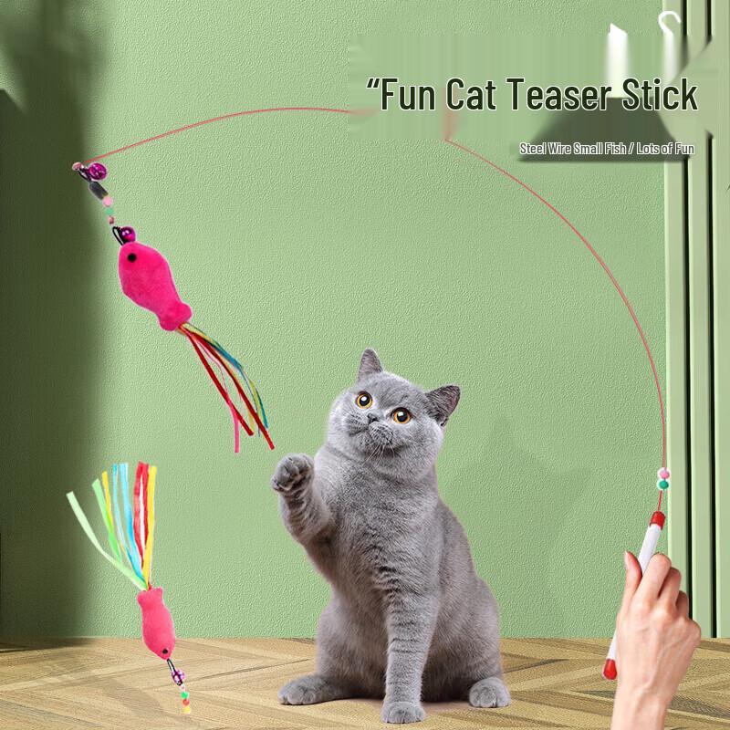 Cat Teaser Wand with Bell Fish & Feather, 3-Pack