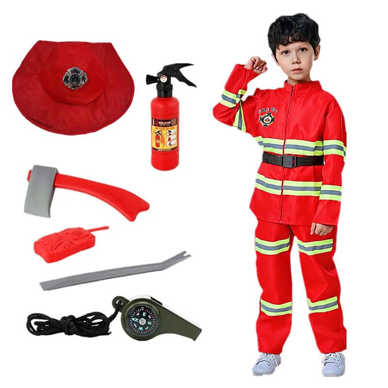 Boys Red Firefighter Costumes Firefighting Heroes Dress Up Clothes Carnival Firefighting Toys Hat Walkie Talkie Fire Extinguishe
