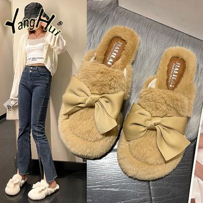 Chinelos de Inverno Femininos Acessórios de Laço Moda Cruzados Pelúcia Fofa Chinelo Casa Plataforma de Algodão Plano Sapatos de Chão Internos 2024 Novo