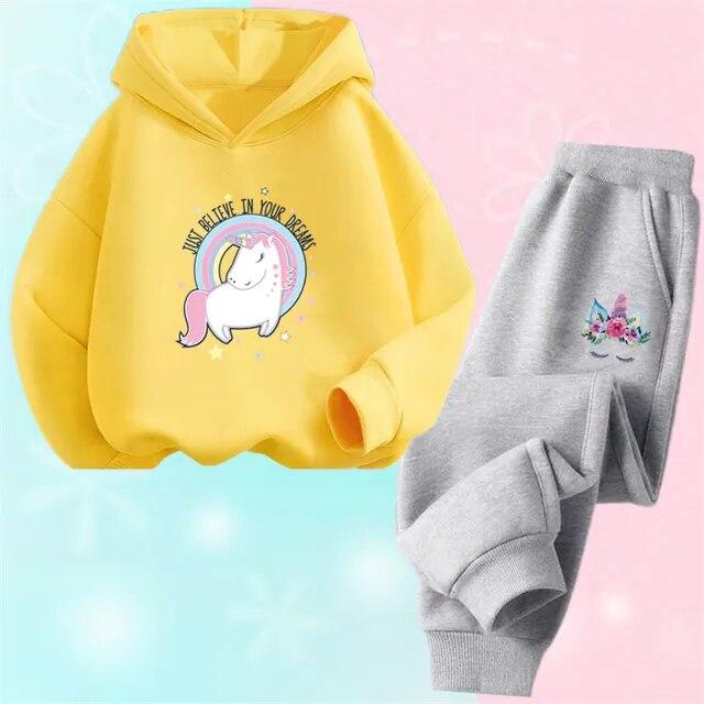 Spring Fall Girls Unicorn Sport Clothing Set Kids Outfits Hoody Sweatershirt Pants Children Fashion Thin Tracksuit