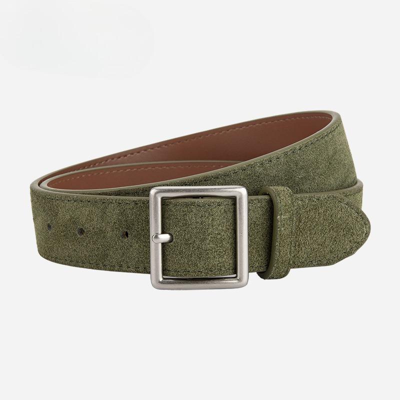 Korean Version of Retro Frosted Suede Women's Genuine Leather Belt Silver Square Buckle High-end Sense with Jeans Decorative Belt for Women