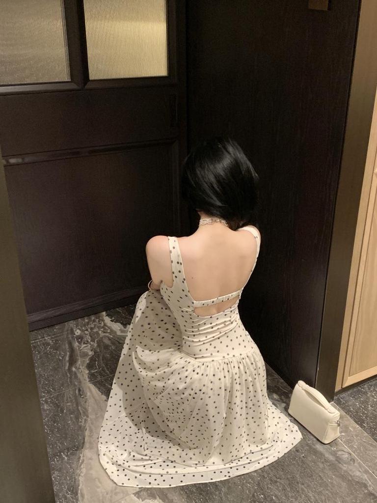 French High Waist Polka Dot Spaghetti Strap Maxi Dress for Women: A-line Summer Beach Vacation Style