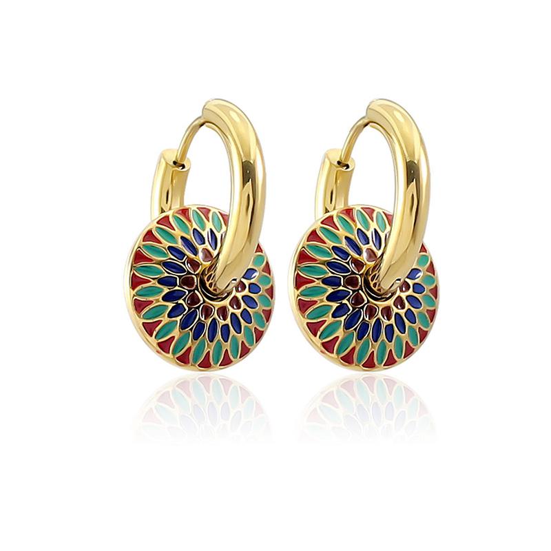 

Ethnic Fashion Stainless Steel Hoop Earring Enameled Colorful Round Drop Earring Bohemia Gold Plated Tiny Hoop Earring