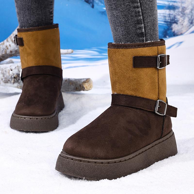 Fashion Fashion Mixed Color Platform Snow Boots Women Faux Suede Thick Plush Ankle Boots Woman Buckle Decor Thick Sole Cotton Shoes