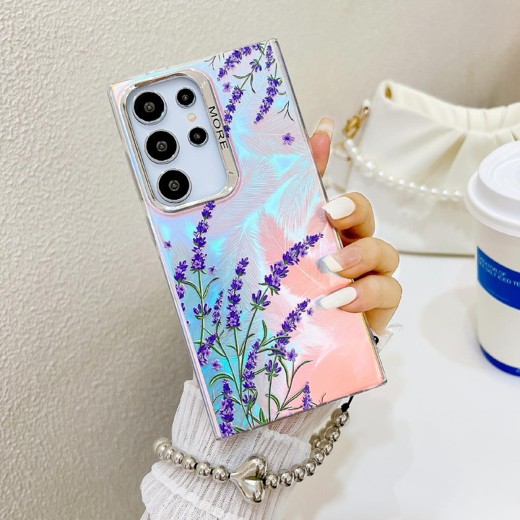 For Samsung Galaxy S24 Ultra Case TPU+PC Flower Pattern Laser Texture Phone Cover with Beaded Bracelet