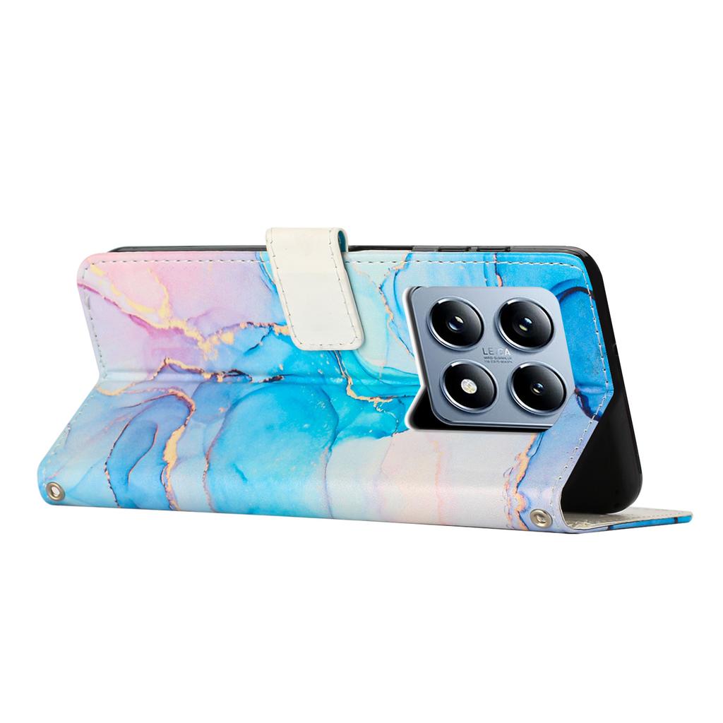 For Xiaomi 14T Stand Case Marble Pattern PU Leather Wallet Phone Cover with Wrist Strap