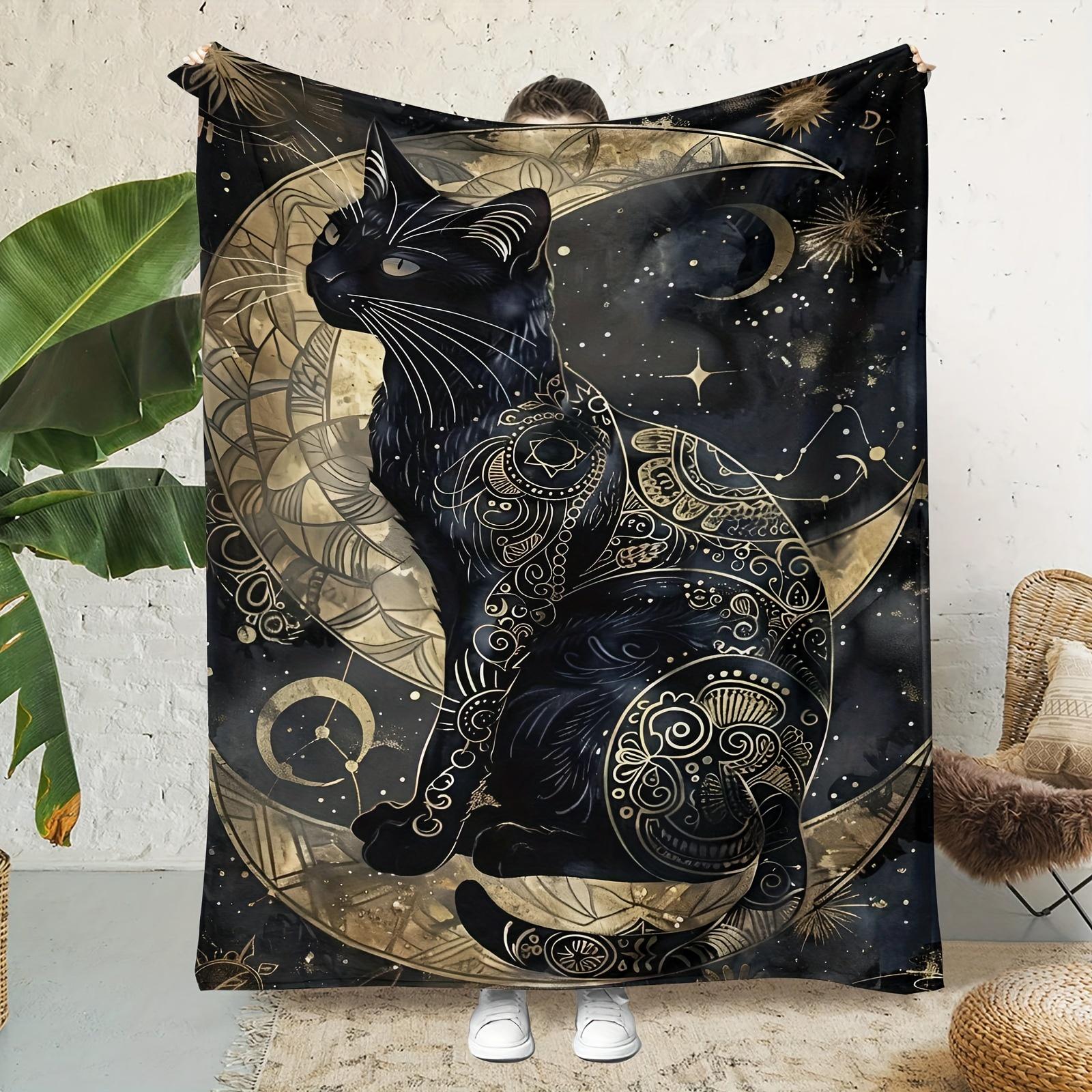 Custom Black Cat Blanket Moon Star Mandala Design Personalized Name Fleece Throw All Season Soft Warm Bedding Home Decor Gift 75X95CM