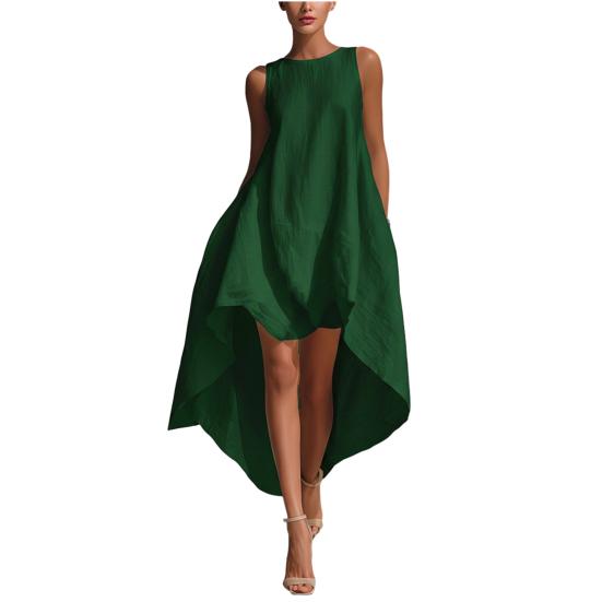 Women's Cotton Linen Sleeveless Midi Dress Crew Neck Asymmetric Hem Tank Dress Summer Casual Beach Sundress