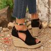 Fashion Vintage Cover Heel High Heel Sandals for Women Fashion Flock Open Toe Sandal Woman Plus Size Anckle Strap Wedge Sandalias Mujer