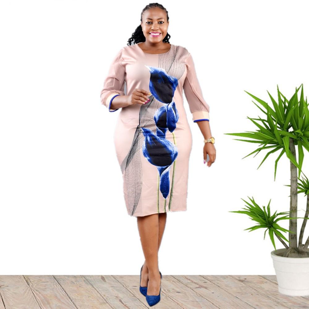 6XL African Plus Size Women's Three-Quarter Sleeve Round Neck Print Dress