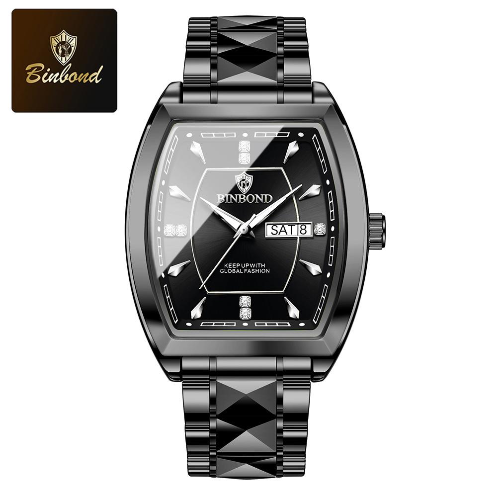 BINBOND Men's Watch Authentic Light Luxury Wine Barrel Steel Belt Waterproof Night Light Calendar Men's Student Quartz Watch