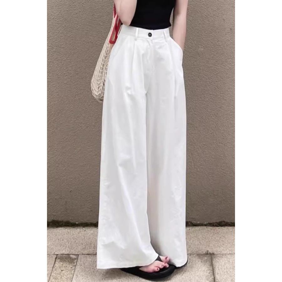 Women's White Wide-Leg Denim Pants: Slimming Drape for Spring/Autumn, Pear-Shaped Fit, Loose, Thin Style, Casual Elegance.