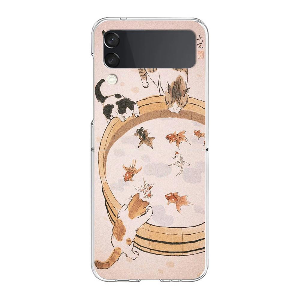 Transparent Phone Case For Samsung Galaxy Z Flip 3 4 5 6 7 Hard Folding PC Z Flip3 Flip4 Cover Protector Cat Fishing