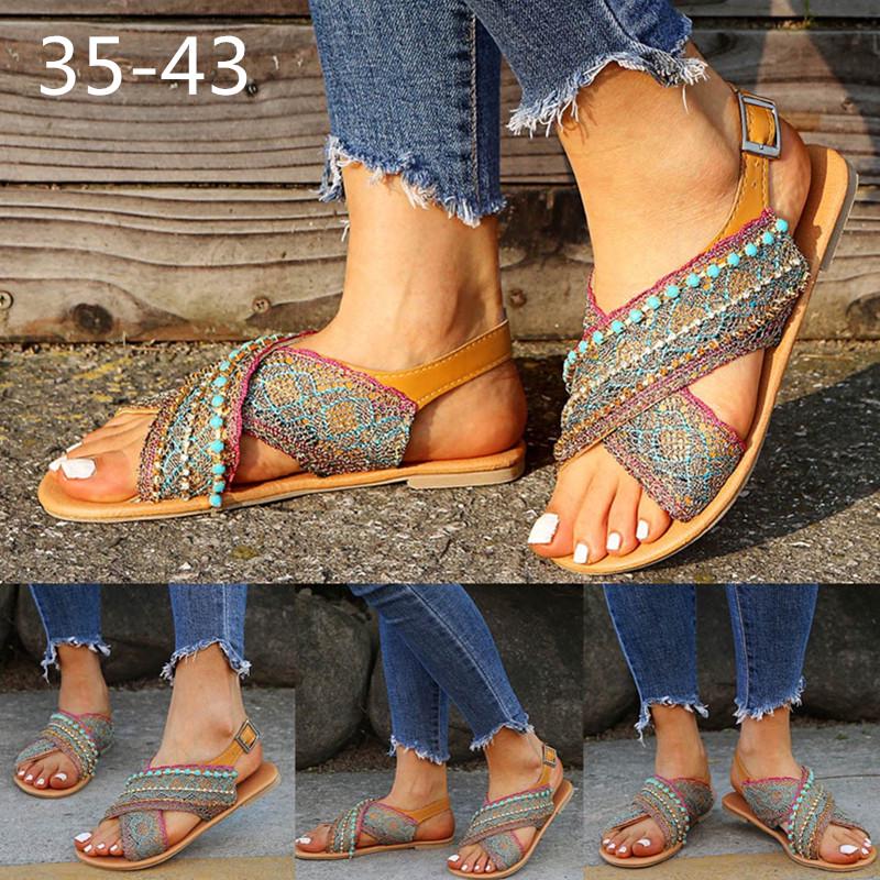 Buy Women Rhinestones Buckle Strap Shoes Flat Beach Breathable Sandals at affordable prices