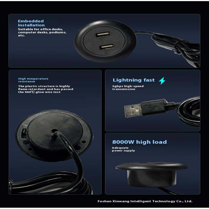 Embedded Desktop 2 Port Usb2.0 To Usb Charge Connector 5V 2A Extension Cord Mobile Tea Table Sofa Concealed Fast Charging Cable